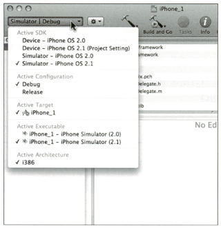 그림 21.5 SDK 와 Configuration 옵션이 설정된 iPhone_1 프로젝트