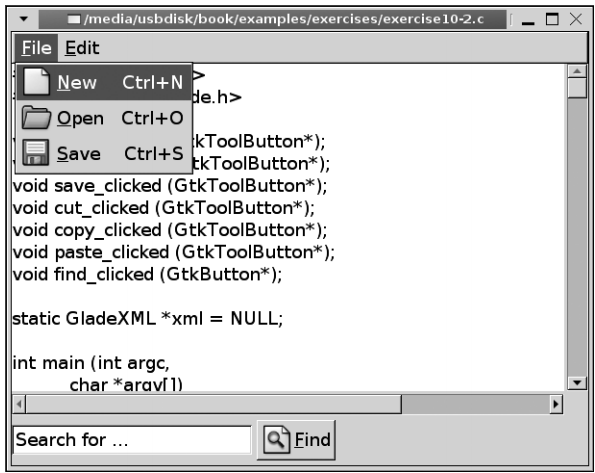 그림 F-2. Glade에서 디자인한 메뉴 표시줄이 있는 텍스트 에디터 애플리케이션
