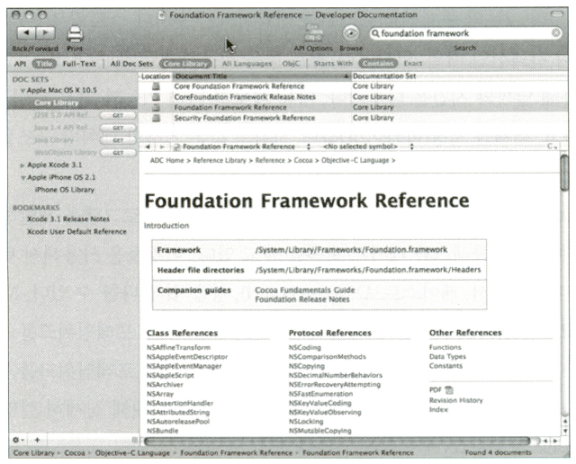 그림 14.1 Xcode 를 사용하여 Foundation 레퍼런스 문서를 찾을 수 있다.