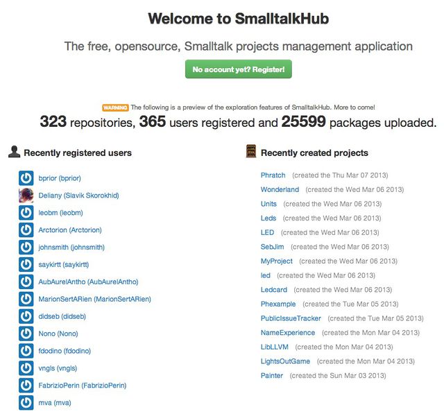 그림 7.19: SmalltalkHub, 온라인 Monticello 코드 저장소