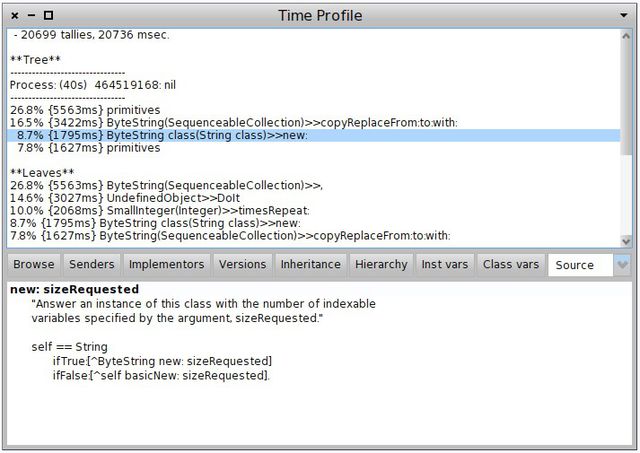 그림 17.2 MessageTally를 이용해 실행된 메서드를 탐색하는 TimeProfiler.