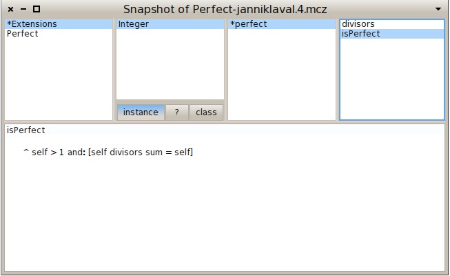 그림 7.14: 스냅샷 브라우저는 Perfect 패키지가 2개의 메서드가 있는 Integer 클래스를 확장함을 보여준다.