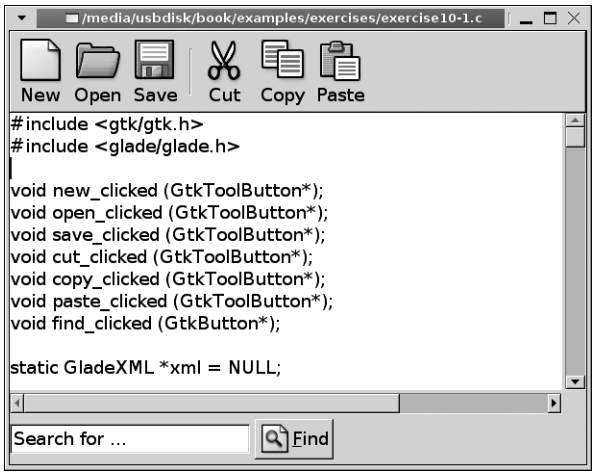 그림 F-1. Glade에서 디자인한 툴바가 있는 텍스트 에디터 애플리케이션