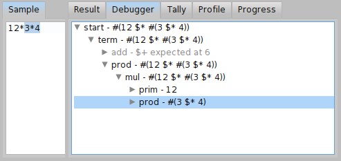 그림 18.19: 입력 12 * 3 * 4에 대한 ExpressionGrammar의 디버거 출력.