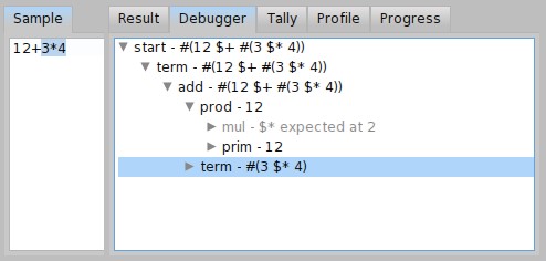 그림 18.18: 입력 12 + 3 * 4에 대한 ExpressionGrammar의 디버거 출력.