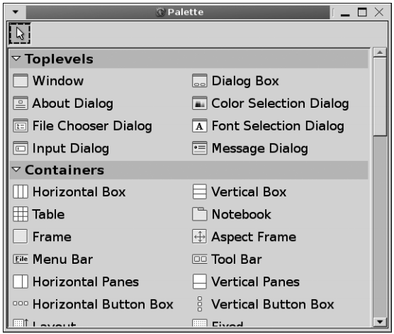 그림 10-2. Glade 위젯 팔레트