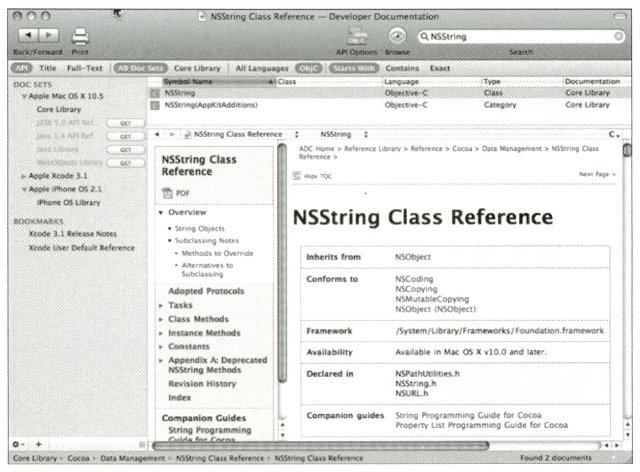 그림 14.2 NSString 클래스의 문서 얻기
