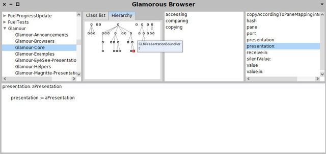 그림 10.8: 간단한 클래스 리스트와 함께 Mondrian 표현을 표시하는 코드 에디터.