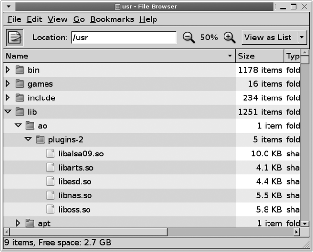 그림 8-1. GtkTreeView 위젯을 이용한 Nautilus