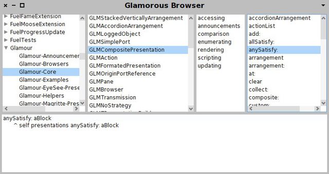 그림 10.7: 선택된 메서드의 소스를 표시하기 위해 앞에서 설명한 클래스를 재사용하는 구성(composed) 브라우저.