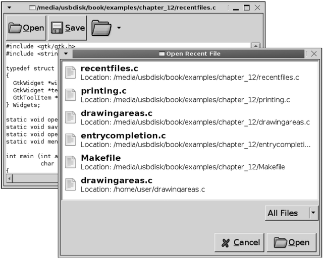 그림 12-4. 텍스트 에디터에 사용된 최근 파일 선택자